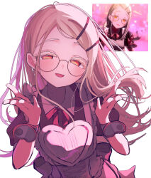 1girl apron black_dress blonde_hair blush dress eukr5772 forehead gakuen_idolmaster glasses highres idolmaster long_hair looking_at_viewer open_mouth orange_eyes shinosawa_hiro sidelocks solo white_apron wrist_cuffs