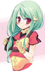 Rule 34 | 1girl, archer (ragnarok online), blush, brown gloves, closed mouth, commentary request, crescent, crescent hair ornament, expressionless, gloves, green hair, hair ornament, kizuki erika, long hair, looking at viewer, lowres, muneate, pink background, ragnarok online, red eyes, red shirt, shirt, short sleeves, sidelocks, solo, swept bangs, upper body