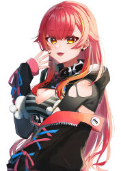 Rule 34 | 1girl, :3, absurdres, arisyooon, black jacket, black nails, bra, breasts, cleavage, earrings, hair flaps, highres, jacket, jewelry, long hair, multicolored hair, nekota tsuna, nekota tsuna (1st costume), off shoulder, open mouth, orange eyes, partially open jacket, red hair, shrug (clothing), simple background, solo, spiked ear piercing, streaked hair, striped bra, striped clothes, swept bangs, torn clothes, underwear, upper body, virtual youtuber, vspo!, white background