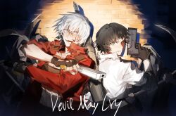 Rule 34 | 1boy, 1girl, angbutter, black gloves, black hair, blood, blood on face, blue eyes, coat, copyright name, dante (devil may cry), demon, devil may cry, devil may cry (series), devil may cry 3, ebony &amp; ivory, fingerless gloves, gloves, green eyes, gun, highres, holding, holding gun, holding weapon, kalina ann (weapon), lady (devil may cry), no shirt, red coat, rocket launcher, shirt, weapon, white hair, white shirt