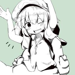 1girl backpack bag blush breasts cactas7 collarbone hat highres kawashiro_nitori key looking_at_viewer medium_breasts monochrome one_eye_closed open_mouth pocket simple_background solo touhou upper_body