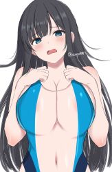 aqua_eyes areola_slip bare_arms black_hair blue_one blunt_bangs blush breasts cleavage commentary_request competition_swimsuit embarrassed highres ikaruga_(senran_kagura) large_breasts long_hair looking_at_viewer navel one-piece_swimsuit open_mouth see-through_clothes see-through_one-piece_swimsuit senran_kagura senran_kagura_burst_re:newal senran_kagura_estival_versus senran_kagura_new_link senran_kagura_shinovi_versus sidelocks simple_background standing surippa1010 swimsuit very_long_hair wavy_mouth white_background