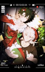 2boys arm_up asymmetrical_legwear bakugou_katsuki bell black_shirt blonde_hair blush boku_no_hero_academia carrying carrying_person christmas christmas_tree closed_mouth collarbone commentary crew_neck crossdressing dress fake_antlers freckles fur_trim green_hair hair_between_eyes hair_ornament hat highres homare04271 jewelry jingle_bell long_sleeves looking_at_viewer male_focus middle_finger midoriya_izuku mismatched_legwear multiple_boys off-shoulder_dress off_shoulder over-kneehighs red_dress red_eyes ring santa_hat shirt short_hair sleeves_past_wrists sparkle spiked_hair star_(symbol) thighhighs tree viewfinder white_fur