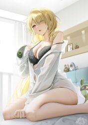 Rule 34 | 1girl, absurdres, black bra, blindfold, blush, bra, breasts, cleavage, drooling, eous (zenless zone zero), evelyn chevalier, eyes visible through hair, hair over one eye, hickey, highres, indoors, kkuni, large breasts, long hair, long sleeves, mole, mole under eye, off shoulder, open mouth, purple eyes, shirt, solo, thighs, underwear, white shirt, zenless zone zero