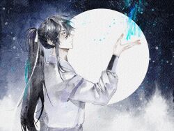 Rule 34 | 1boy, adam&#039;s apple, black hair, chinese clothes, closed mouth, energy, falling shark, from side, grey eyes, hair ribbon, hanbok, hanfu, high ponytail, highres, jinhongi, korean clothes, korean commentary, long hair, long sleeves, looking up, male focus, open hand, painting (medium), ponytail, ribbon, seol young, solo, traditional media, upper body, watercolor (medium), white hanbok, white ribbon, zhijupao