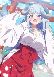 1girl :d absurdres animal_ears antenna_hair blue_hair blunt_bangs blurry blurry_background blush breasts cleavage commission curled_horns earrings hakama hakama_skirt highres horns japanese_clothes jewelry kimono large_breasts long_hair long_sleeves looking_at_viewer miko open_mouth original outdoors purple_eyes red_hakama sheep_ears sheep_girl sheep_horns shiro9jira single_earring skeb_commission skirt smile solo torii very_long_hair white_kimono wide_sleeves