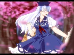 1girl basket blue_dress blue_hair blue_hat blush breasts cherry_blossoms cleavage commentary_request cowboy_shot dress elbow_carry hat holding holding_basket kamishirasawa_keine large_breasts letterboxed long_hair looking_to_the_side mori_shin_risuku multicolored_hair open_mouth picnic_basket pinafore_dress puffy_short_sleeves puffy_sleeves shirt short_sleeves sleeveless sleeveless_dress smile solo touhou tree two-tone_hair white_hair white_shirt