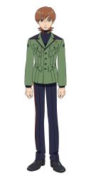 1boy black_pants black_shoes brown_hair dress_shoes epaulettes full_body green_eyes green_jacket gundam gundam_gquuuuuux highres jacket looking_at_viewer male_focus military_uniform official_art pants shoes short_hair simple_background solo standing striped_clothes striped_pants transparent_background turtleneck xavier_olivette