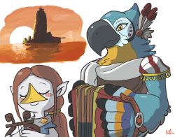 1boy 1girl accordion animated animated_gif beak brown_hair feathers flipnote_studio_(medium) harp instrument kass keke_(kokorokeke) medli music nintendo playing_instrument pointy_ears rito smile sunset the_legend_of_zelda the_legend_of_zelda:_breath_of_the_wild the_legend_of_zelda:_the_wind_waker upper_body wings