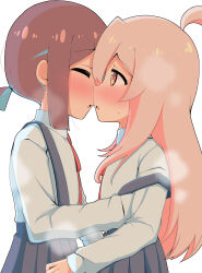 2girls absurdres ahoge black_skirt blue_hair blush brown_eyes brown_hair closed_eyes commentary flat_chest from_side highres hiro_(05112423) hozuki_momiji imminent_kiss long_hair long_sleeves multiple_girls neck_ribbon onii-chan_wa_oshimai! open_mouth oyama_mahiro pink_hair pleated_skirt ponytail profile red_ribbon ribbon school_uniform shirt short_hair short_ponytail simple_background skirt strap_slip suspender_skirt suspenders white_background white_shirt yuri