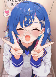 1girl black_shirt blazer blue_hair blush closed_eyes cum cum_on_body cum_on_hair cum_on_hands double_v facial fang hair_ornament heart highres indoors jacket nijisanji nishizono_chigusa nishizono_chigusa_(1st_costume) open_mouth shirt smile solo sound_effects spoken_heart sweat v virtual_youtuber yohunokasi