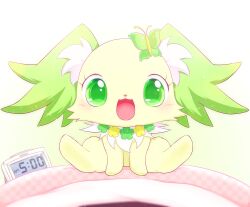 Rule 34 | :3, :d, alarm clock, animal, animal focus, animalization, blanket, blush, butterfly hair ornament, clock, commentary request, creature, creature focus, dog, flower, green eyes, hair ornament, highres, jewelpet (series), looking at viewer, master nabesama, no humans, open mouth, peridot (jewelpet), pov, sitting, smile, solo