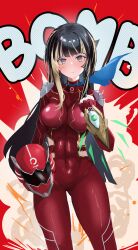 1girl absurdres black_hair blonde_hair blue_eyes blush bodysuit breasts clenched_hand cowboy_shot explosion fingerless_gloves gloves green_scarf helmet highres holding holding_helmet hololive hololive_dev_is juufuutei_raden large_breasts long_hair menomeno_draw multicolored_hair red_background red_bodysuit red_helmet scarf simple_background skin_tight solo tokusatsu two-tone_hair very_long_hair virtual_youtuber