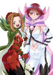 2girls :d absurdres ass black_footwear bodysuit boots braid breasts brooch brown_eyes brown_hair cape cleavage closed_mouth clothing_cutout commentary commission cosplay cowboy_shot digimon digimon_adventure digimon_savers elbow_gloves flower fujieda_yoshino gerusyu gloves green_cape hair_between_eyes hair_flower hair_ornament hand_on_own_hip highres holding holding_whip in-franchise_crossover jewelry long_hair looking_at_viewer low-tied_long_hair medium_breasts multiple_girls navel navel_cutout open_mouth parted_bangs pink_cape pink_eyes pink_hair plant red_bodysuit red_flower red_gloves red_rose rose rosemon rosemon_(cosplay) rosemon_burst_mode rosemon_burst_mode_(cosplay) short_hair sidelocks simple_background small_breasts smile standing tachikawa_mimi thigh_boots thorns vine_whip vines whip white_background white_bodysuit white_gloves