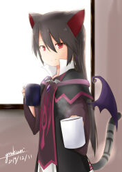 1girl animal_ears artist_name bat_wings black_capelet black_hair black_robe black_wings breasts capelet cat_ears cat_girl cat_tail coffee cup dated emil_chronicle_online from_side highres holding holding_cup jewelry long_hair nekomata_kuro pendant red_eyes robe small_breasts tail wings yukuri