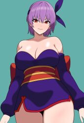 Rule 34 | 1girl, ayane (doa), bare shoulders, blush, bojack198, breasts, cleavage, commentary, cowboy shot, dead or alive, dead or alive 6, dress, english commentary, green background, headband, highres, japanese clothes, large breasts, looking at viewer, ninja, obi, purple dress, purple hair, purple headband, red eyes, sash, short hair, solo