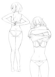 Rule 34 | 1girl, ass, back, barefoot, bra, breasts, cleavage, clothes lift, commentary request, covered mouth, cowboy shot, crossed arms, from behind, full body, kneepits, lifting own clothes, lineart, looking back, multiple views, navel, original, panties, ryuuta (msxtr), shirt lift, short hair, underwear, underwear only, undressing