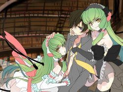 1boy 2girls c.c. chii chii_(cosplay) chobits choker code_geass cosplay creayus detached_sleeves dual_persona elda elda_(cosplay) flat_color frills green_hair headdress lelouch_vi_britannia multiple_girls puffy_sleeves robot_ears see-through_clothes smile thighhighs unfinished yellow_eyes