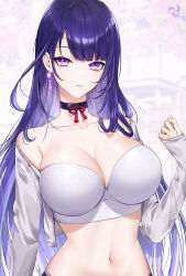1girl absurdres alternate_costume bandeau bare_shoulders black_choker bra breasts choker cleavage collarbone crop_top cropped_jacket earrings genshin_impact glint hand_up hibiwa highres jacket jewelry large_breasts long_hair long_sleeves looking_at_viewer midriff mitsudomoe_(shape) mole mole_under_eye navel off_shoulder open_clothes open_jacket parted_lips purple_eyes purple_hair raiden_shogun skindentation sleeves_past_wrists solo stomach straight_hair strapless strapless_bra tomoe_(symbol) underwear upper_body very_long_hair white_background white_jacket