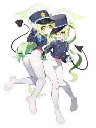 2girls :| absurdres armband ass blue_archive blue_armband blue_hat blue_jacket buttons closed_mouth commentary_request demon_tail double-breasted earrings epaulettes fang feet full_body gloves green_hair halo hat highres hikari_(blue_archive) jacket jewelry knees_together_feet_apart light_blush loli long_hair long_sleeves looking_at_viewer mearyo midriff multiple_girls navel no_pants no_shoes nozomi_(blue_archive) open_mouth panties panties_over_pantyhose panties_under_pantyhose pantyhose pointy_ears shako_cap simple_background single_earring smile soles solo standing stomach tail thighband_pantyhose thighs toes twintails underwear v-shaped_eyebrows very_long_hair wavy_hair whistle white_background white_gloves white_panties white_pantyhose yellow_eyes