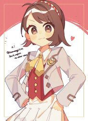 1girl blush brown_eyes brown_hair closed_mouth collared_shirt commentary_request eyelashes gloria_(pokemon) grey_jacket hairband hands_on_own_hips heart highres jacket long_sleeves looking_at_viewer nintendo pokemon pokemon_swsh red_vest school_uniform shirt short_hair skirt smile solo split_mouth sumeragi1101 twitter_username vest white_shirt