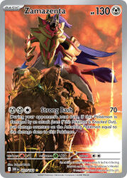 animal_focus artist_name card_(medium) character_name cloud cloudy_sky company_name copyright_name copyright_notice english_text gen_8_pokemon grass legendary_pokemon lens_flare nintendo no_humans official_art open_mouth outdoors pokemon pokemon_(creature) pokemon_card pokemon_focus pokemon_tcg sharp_teeth sky solo sun takumi_wada teeth third-party_source trading_card yellow_eyes zamazenta zamazenta_(crowned)