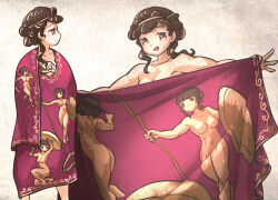 ancient_greek_clothes ass breasts brown_eyes brown_hair circlet embroidery greco-roman_clothes highres holding holding_polearm holding_shield holding_weapon ironlily navel nude original polearm robe shield toga toned toned_female weapon