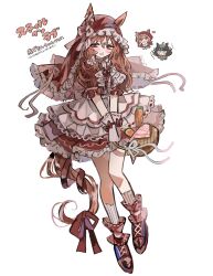 2girls absurdres alternate_costume animal_ears blue_eyes blush carrot chibi commentary_request daring_tact_(umamusume) full_body hair_between_eyes heart highres horse_ears horse_tail kumo_(mokumoku_warabi) multiple_girls picnic_basket red_eyes solo_focus still_in_love_(umamusume) tail translation_request umamusume veil white_background