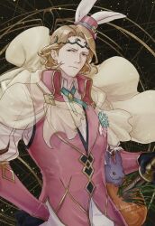 1boy animal animal_ears black_gloves black_rabbit_(animal) blonde_hair cape closed_mouth collared_shirt collared_vest commentary_request curtained_hair dated fire_emblem fire_emblem_fates fire_emblem_heroes floating_cape frilled_sleeves frills frown gloves gold_trim hand_on_own_hip hat highres holding holding_weapon lapels long_sleeves looking_to_the_side male_focus mini_hat mini_top_hat neck_ribbon nintendo official_alternate_costume pink_hat pink_vest rabbit rabbit_ears red_eyes ribbon shirt sideways_glance solo tiara top_hat ultrablueanya vest wavy_hair weapon white_cape white_shirt wing_collar xander_(fire_emblem) xander_(spring_prince)_(fire_emblem)