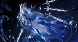 1girl absurdres artist_name bare_legs bare_shoulders barefoot black_collar black_dress blue_eyes breasts bubble chinese_commentary closed_mouth collar commentary_request crown_of_thorns dress feet fleurdelys_(wuthering_waves) floating floating_object floating_sword floating_weapon highres holding holding_sword holding_weapon horns jewelry large_breasts legs long_horns looking_at_viewer multiple_swords necklace night night_sky outdoors partial_commentary single_horn sky solo suifeng_ban_chan sword toes water weapon wuthering_waves yellow_horns