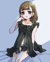 1girl alternate_costume babydoll black_babydoll black_panties braid breasts brown_hair center-flap_bangs collarbone commentary_request frilled_babydoll highres kachimachi_kosuzu kanduki_kamibukuro link!_like!_love_live! long_hair looking_at_viewer love_live! on_bed open_mouth panties pink_eyes side_braids sitting sleepwear sleeveless small_breasts solo underwear virtual_youtuber