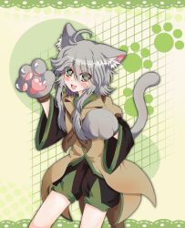 1other 2000s_(style) androgynous animal_ears animal_hands ascot black_sleeves blush brown_ascot brown_coat cat_ears coat cowboy_shot eyes_visible_through_hair fang green_background green_shorts grey_eyes grey_hair grid_background gzpxllztt highres houlen_yabusame len&#039;en other_focus paw_print shorts solo tagme tail