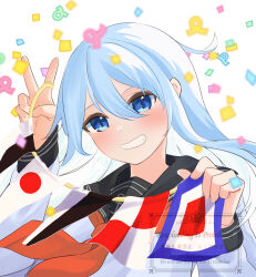 1girl anchor_symbol black_sailor_collar blue_eyes blush commentary_request confetti double-parted_bangs hair_between_eyes hand_up happy_birthday hibiki_(kancolle) highres kantai_collection long_hair long_sidelocks long_sleeves looking_at_viewer neckerchief open_mouth red_neckerchief sailor_collar shirt sidelocks signal_flag smile snowdolphinnnn solo teeth upper_body v watermark white_background white_shirt