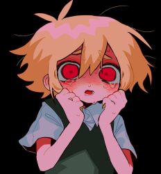 Rule 34 | 1boy, antenna hair, basil (faraway) (omori), basil (omori), bikini, black background, black bikini, blonde hair, clenched hands, collared shirt, commentary, crying, crying with eyes open, double-parted bangs, from below, green sweater vest, hair between eyes, hands on own cheeks, hands on own face, hands up, highres, holding, holding own hair, kobanzame omo, looking at viewer, lower teeth only, male focus, omori, open mouth, raised inner eyebrows, red eyes, scared, shaded face, shirt, short hair, short sleeves, simple background, solo, sweat, sweater vest, swimsuit, symbol-only commentary, tears, teeth, tongue, upper body, white shirt, wide-eyed
