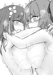2girls absurdres arms_around_neck assault_lily blush breast_contest breast_press breasts catmito1412 commentary_request eye_contact face-to-face flower from_side greyscale hair_flower hair_ornament hair_ribbon highres hug kuo_shenlin lactation large_breasts long_hair looking_at_another monochrome multiple_girls nude one_side_up open_mouth paid_reward_available parted_lips profile ribbon saliva simple_background swimsuit symmetrical_docking tassel tassel_hair_ornament tearing_up trembling upper_body v-shaped_eyebrows wang_yujia white_background yuri