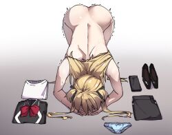 1girl black_shirt black_shoes black_skirt blonde_hair blue_panties bow bowtie commentary completely_nude dogeza full_body gradient_background grey_background hair_bow long_hair naked_dogeza nouka nude panties quiz_magic_academy red_bow red_bowtie shalon shirt shoes skirt solo top-down_bottom-up trembling two_side_up underwear unworn_clothes unworn_panties unworn_shirt unworn_shoes unworn_skirt white_shirt
