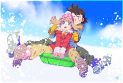 1boy 1girl 3orochi alternate_costume ash_ketchum beanie black_hair black_pants blue_coat blue_eyes brown_eyes brown_hair brown_pants cloud cloudy_sky coat day fur_collar fur_trim gloves hat highres may_(pokemon) nintendo one_eye_closed open_mouth outdoors pants pink_gloves pokemon pokemon_(anime) pokemon_rse_(anime) polka_dot_headwear red_coat short_hair sitting sky sledding snow toboggan winter_clothes winter_coat yellow_gloves