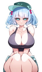 1girl alternate_breast_size blue_eyes blue_hair breasts cleavage green_hat hair_bobbles hair_ornament hat highres huge_breasts kawashiro_nitori looking_at_viewer midriff raptor7 simple_background solo touhou twintails white_background
