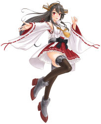 Rule 34 | 1girl, bare shoulders, black hair, boots, camouflage, cannon, dazzle paint, detached sleeves, frilled skirt, frills, full body, hair ornament, hairband, hairclip, haruna (kancolle), headgear, highres, japanese clothes, kantai collection, long hair, nontraditional miko, original remodel (kantai collection), red eyes, red skirt, ribbon-trimmed sleeves, ribbon trim, rigging, ship turret, skirt, skypixter, solo, thigh boots, thighhighs, wide sleeves