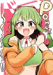 Rule 34 | 1girl, absurdres, ascot, blush stickers, breasts, brooch, clenched hand, commentary request, english text, goggles, goggles on head, green eyes, green hair, gumi, gumi (v3 megpoid), highres, jacket, jewelry, large breasts, looking at viewer, off shoulder, open clothes, open jacket, open mouth, pachio (patioglass), short hair with long locks, smile, solo, sports bra, underboob, upper body, v-shaped eyebrows, vocaloid