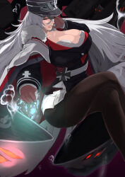1girl azur_lane black_pantyhose breasts chorusaqua2 cleavage graf_zeppelin_(azur_lane) hat high_heels highres large_breasts long_hair looking_at_viewer military_hat pantyhose red_eyes ship_turret sitting smoke solo thighband_pantyhose very_long_hair white_hair
