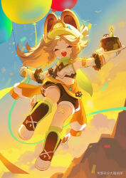 1girl absurdres animal_ears balloon bandaid bandaid_on_leg black_shorts blonde_hair braid cake candle closed_eyes dafu_zhentan dusk food full_body genshin_impact highres kachina_(genshin_impact) long_hair midriff miyoushe_watermark open_mouth shorts smile solo twin_braids visor_cap watermark