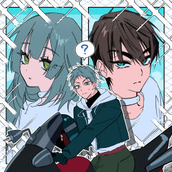 1girl 2boys ? alien_stage aqua_eyes black_gloves black_jacket black_shirt brown_hair commentary_request gloves green_eyes green_pants grey_hair helmet highres holding holding_helmet hood hoodie jacket jacket_over_hoodie kyon_(zmwh8222) long_hair motor_vehicle motorcycle multiple_boys on_motorcycle pants shirt short_hair small_sweatdrop sparkle spoken_question_mark till_(alien_stage) turtleneck turtleneck_shirt very_short_hair white_hoodie