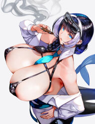 1girl alcyone_(last_origin) between_breasts black_bra black_hair blue_eyes bra braid breasts cetacean_tail cigar cleavage fish_tail from_above from_side hair_over_shoulder hair_tie hand_on_own_hip holding holding_cigar huge_breasts last_origin multicolored_hair necktie necktie_between_breasts off-shoulder_shirt off_shoulder open_clothes open_shirt orca_girl shirt smoking solo sunglasses sunglasses_on_head tail tsunekun two-tone_hair underwear white_background white_hair