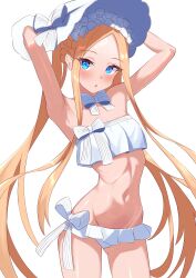 1girl abigail_williams_(fate) abigail_williams_(swimsuit_foreigner)_(fate) abigail_williams_(swimsuit_foreigner)_(third_ascension)_(fate) absurdres armpits arms_behind_head arms_up bare_shoulders bikini blonde_hair blue_eyes blush bonnet bow breasts fate/grand_order fate_(series) forehead hair_bow hat highres kamanbearu long_hair looking_at_viewer miniskirt navel open_mouth parted_bangs sidelocks skirt small_breasts solo swimsuit thighs twintails very_long_hair white_bikini white_bow white_hat