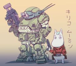 1other armor blue_hair bottomless chirico_cuvie chirico_cuvie_(cosplay) clenched_hand cosplay crossover gun handgun holding holding_gun holding_weapon jacket looking_ahead looking_at_viewer mecha moomin radio_antenna red_jacket robot science_fiction scopedog soukou_kihei_votoms pauldrons standing translated weapon yoshi_(crossmind)