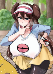 1girl 1other black_pantyhose blue_eyes blue_shirt bolobolo breasts brown_hair cleavage collarbone covered_erect_nipples creatures_(company) donut_hair_bun double_bun drowzee female_focus game_freak gen_1_pokemon hair_bun holding holding_poke_ball huge_breasts long_hair nintendo open_mouth outdoors pantyhose pantyhose_under_shorts poke_ball poke_ball_(basic) poke_ball_print pokemon pokemon_bw2 raglan_sleeves rosa_(pokemon) shiny_skin shirt shorts signature sweat tagme two-tone_shirt visor_cap white_shirt yellow_shorts