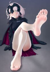 1girl armor armored_dress barefoot dress fate/grand_order fate_(series) feet foot_focus highres jeanne_d&#039;arc_alter_(fate) looking_afar medium_hair panties pantyshot puffypinkpaws soles toes underwear white_hair yellow_eyes