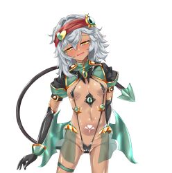 Rule 34 | 1girl, absurdres, black gloves, blush, breasts, cameltoe, corruption, covered erect nipples, cowboy shot, dark-skinned female, dark persona, dark skin, demon tail, elbow gloves, g11 (girls&#039; frontline), girls&#039; frontline, gloves, gluteal fold, grey hair, headband, heart, heart tattoo, highres, logia13laplace, long hair, looking at viewer, low wings, medium hair, messy hair, navel, one-piece swimsuit, open mouth, orange eyes, pubic tattoo, red headband, revealing clothes, see-through clothes, shiny skin, short sleeves, shrug (clothing), simple background, skirt, slave gear, slingshot swimsuit, small breasts, smile, solo, standing, swimsuit, tail, tattoo, thigh strap, transparent background, ts magical girl nao, variant set, white background, wings, yellow eyes
