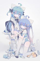 2girls @_@ ahoge animal_ears apron aqua_eyes aqua_hair aqua_leotard baby_bottle backpack bag bell black_bag black_bow black_ribbon blue_eyes blue_hair blue_leotard bottle bow cake cake_slice cat_ears cat_girl cat_tail collared_leotard commentary daizu_(melon-lemon) detached_ahoge eyes_visible_through_hair fake_animal_ears female_focus food frilled_apron frills from_side full_body gradient_hair hair_between_eyes hair_bow hair_ornament highres holding holding_bottle holding_own_tail holding_tail jingle_bell kneeling knife leotard loli long_hair looking_at_viewer maid_apron milk multicolored_hair multiple_girls neck_bell neck_ribbon no_shoes on_table original pacifier parted_lips pink_hair puffy_short_sleeves puffy_sleeves ribbon shoes short_sleeves sidelocks simple_background sitting star_(symbol) star_hair_ornament stuffed_animal stuffed_toy suggestive_fluid sweat table tail tears teething_ring thighhighs toy toy_block toy_car toy_knife two_side_up uwabaki very_long_hair white_apron white_background white_footwear white_sleeves white_thighhighs wrist_cuffs
